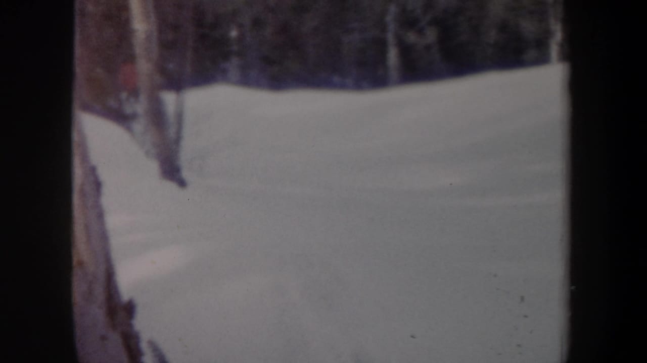 1962 New York 8mm frame with a skier partly obscured by trees on a snowy wooded hillside.