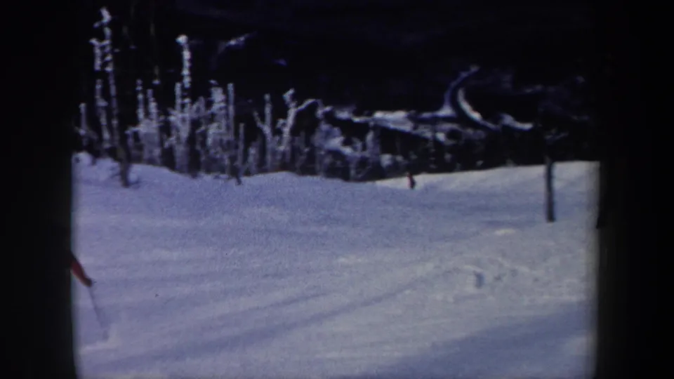 1962 New York 8mm frame showing snow tracks, frosted trees, and the skier partly visible at the edge of the wooded slope.