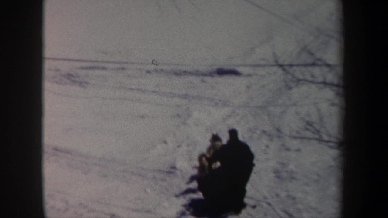 1962 New York 8mm frame showing a distant musher and dog team crossing a snowy field under bare branches.