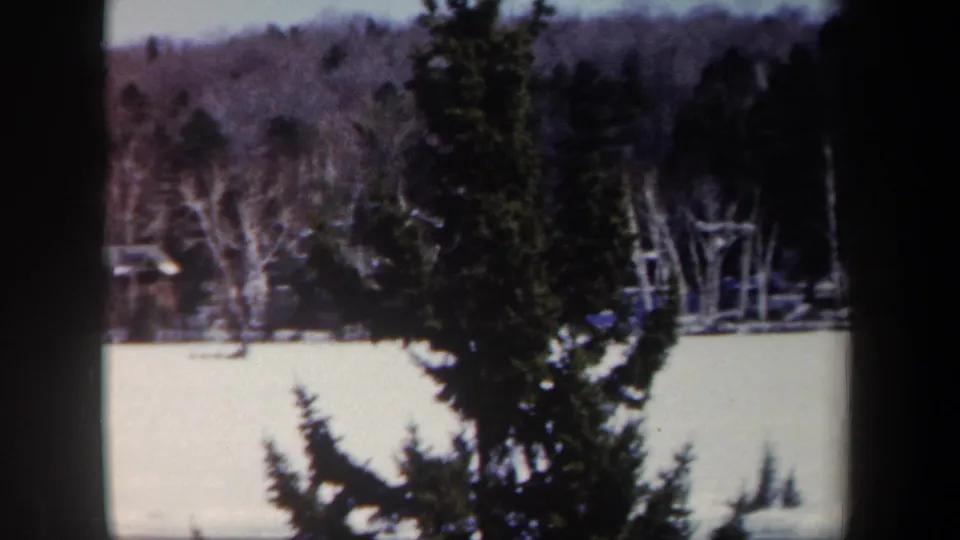 1962 New York 8mm frame with a frozen lake, leafless woods, and dark evergreen branches filling the foreground.