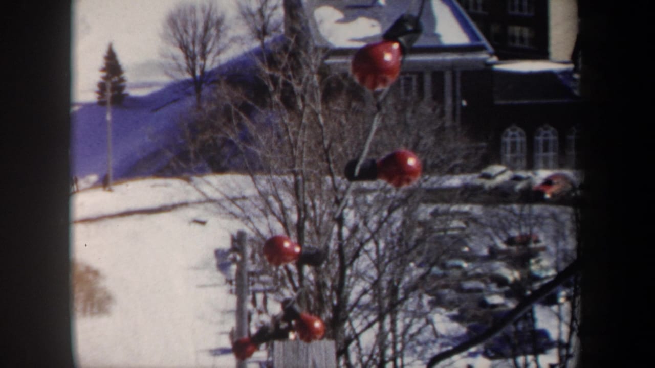 1962 New York home-movie frame showing red ornaments on bare winter branches, snow-covered ground, parked cars, and a building with arched windows.