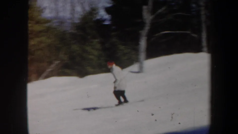 The skier bends into a turn on the snowy Vermont slope, with bare trunks and evergreens in the background.