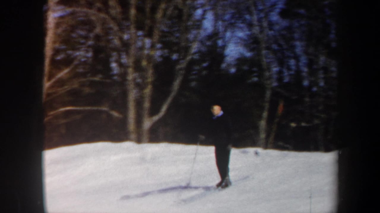 Skier in dark clothing stands on a snowy slope near trees.