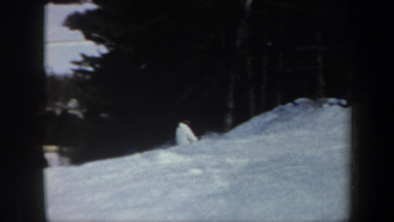 Small skier near the upper right of a snowy hill with trees and a dark structure or tree line at the edge.