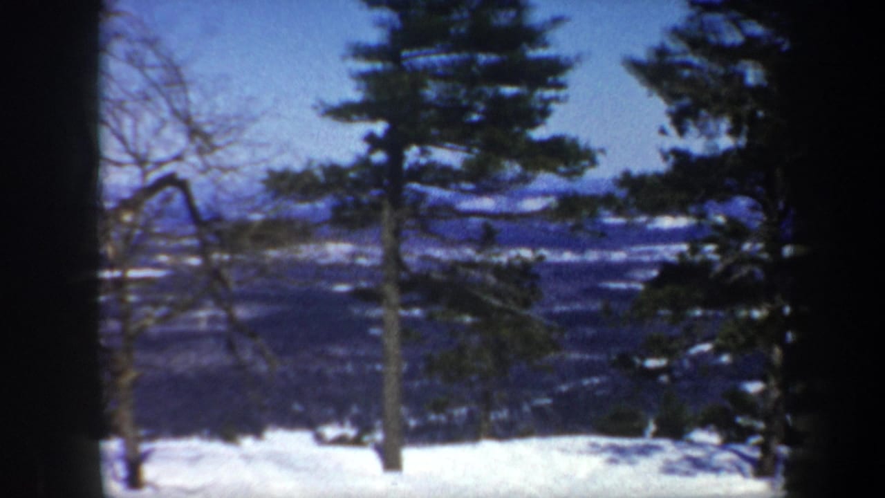 1962 Vermont 8mm frame showing snow-covered ground, evergreen trees, bare branches, and a distant valley viewed through a window.