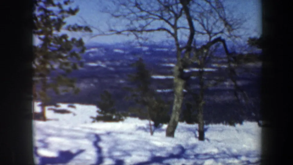 1962 Vermont 8mm view of snow, bare trees, evergreens, and a distant valley, with soft grain and winter light.