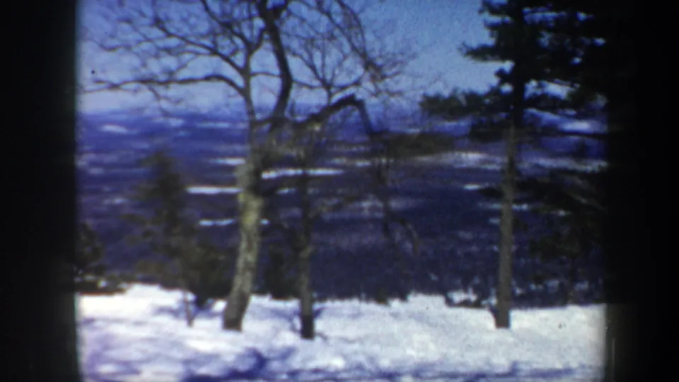 1962 Vermont winter frame showing leafless trees, pines, snow, and a distant valley through dark film or window edges.
