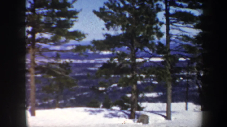 Vermont 1962 8mm frame with dark pine trees crossing a snowy foreground and soft blue hills in the distance.