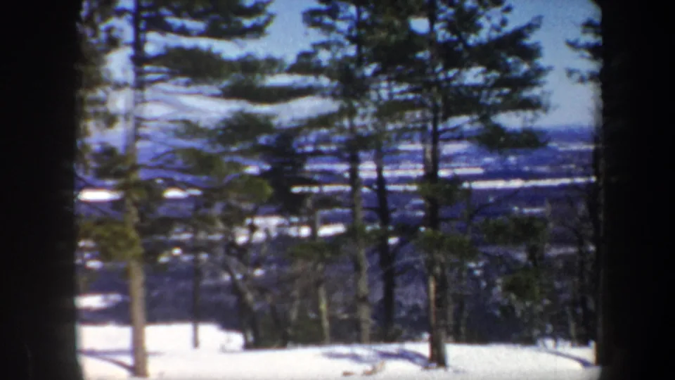 1962 Vermont 8mm frame showing tall evergreens and bare trunks on a snowy slope overlooking a blue winter valley.
