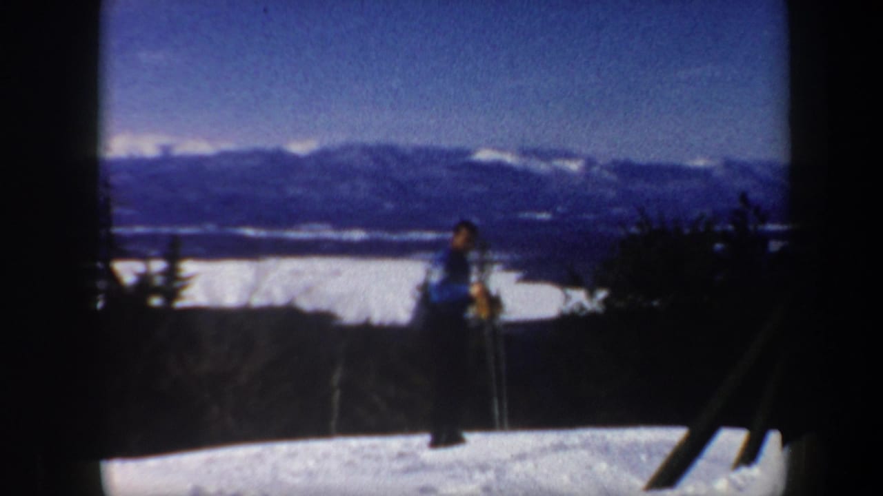Skier with poles standing on snow before distant mountains and a bright valley.