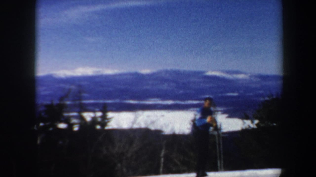 Distant skier with poles near trees, snow, mountains, and blue sky.