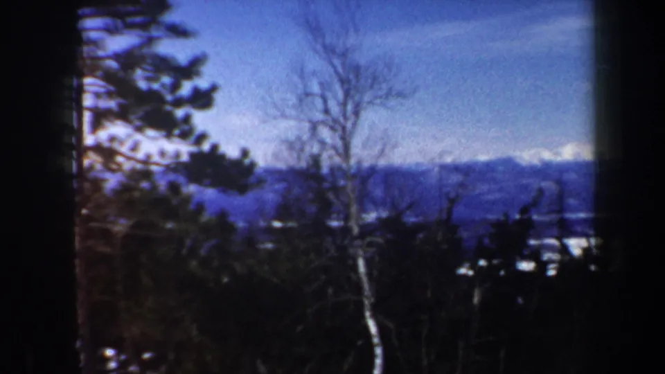 1962 Vermont home-movie frame of bare trees, evergreens, snow, and a distant mountain ridge under a clear blue sky.