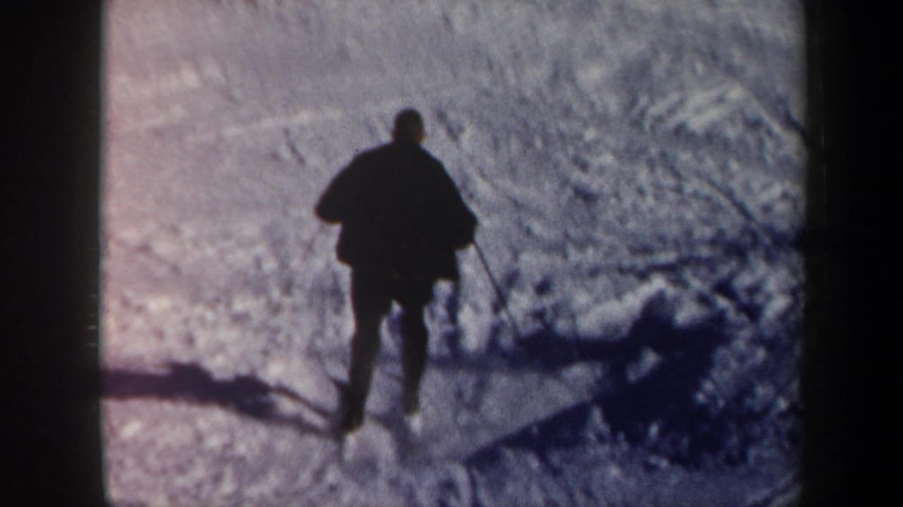 Lone skier seen from behind moving across textured snow.