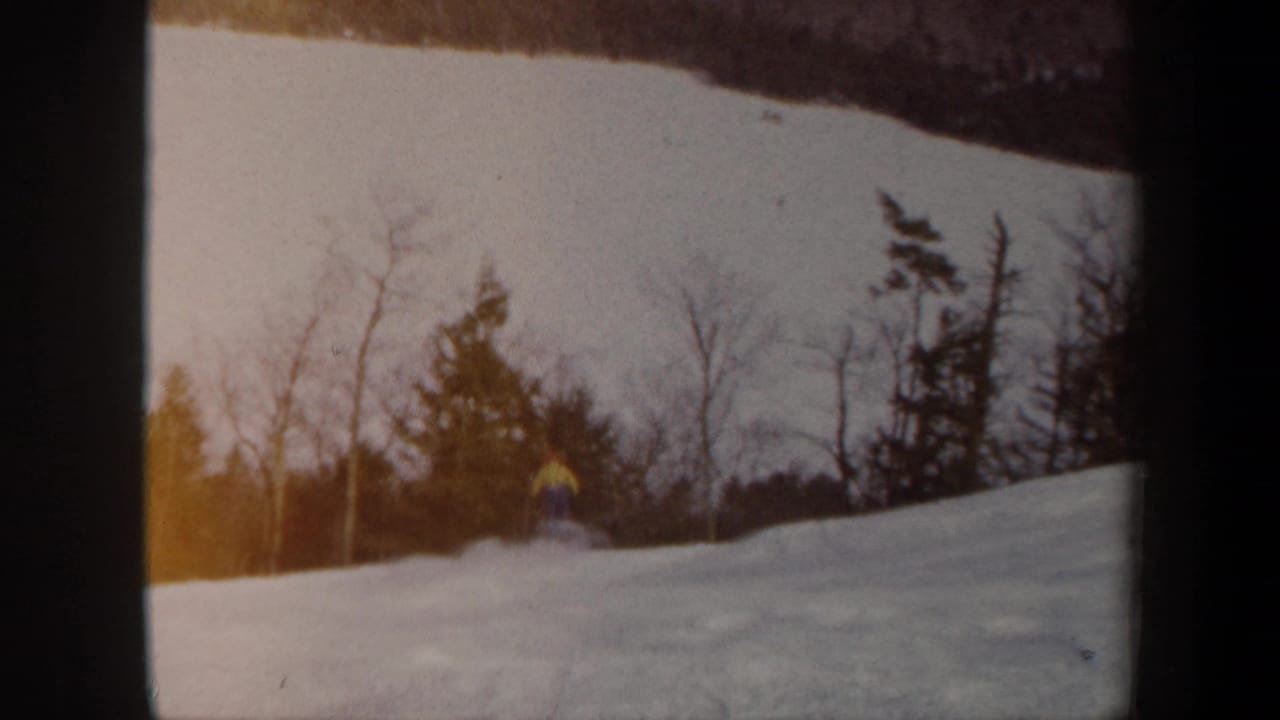 Small skier in a yellow jacket near the upper left of a snowy slope with winter trees behind.