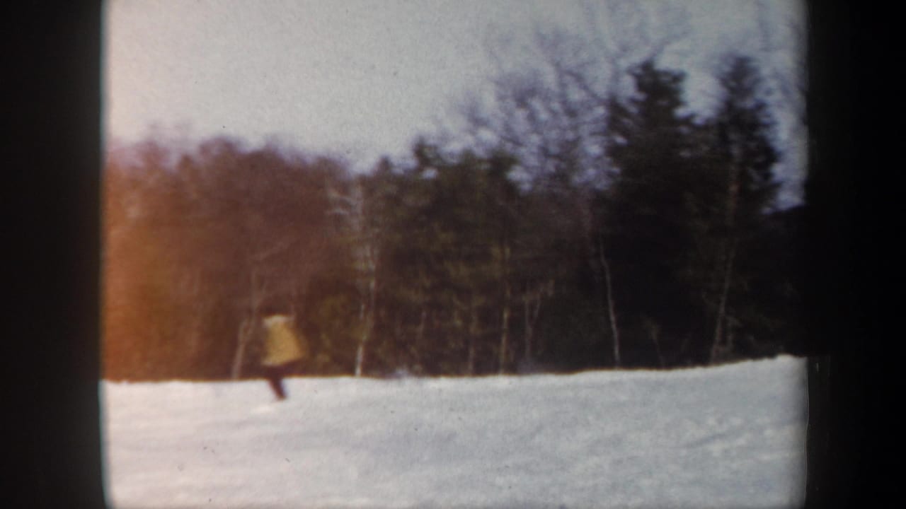 A skier in a light-colored jacket descends a Vermont snow slope with dark evergreens and leafless trees behind.