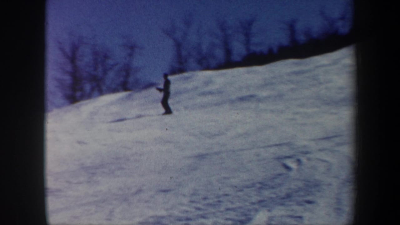 Distant skier on a snowy hill beneath a dark blue sky and bare trees.