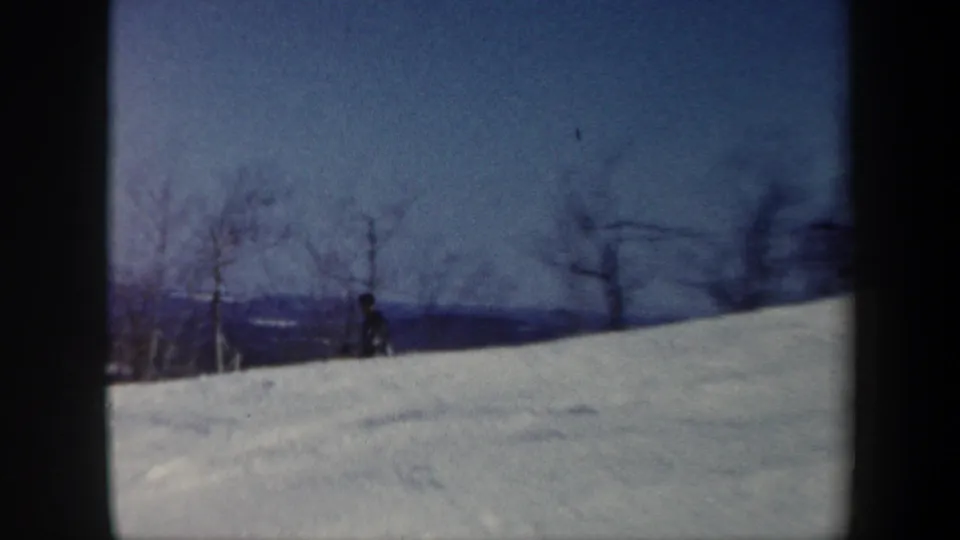 A distant skier appears near the crest of a snowy Vermont hillside, framed by bare trees and blue sky.