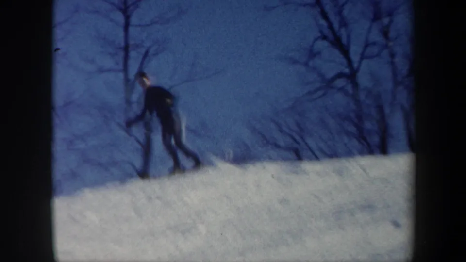 A skier in dark winter clothing moves across the snowy Vermont slope, partly silhouetted against bare trees.