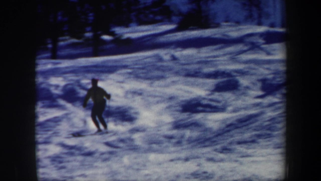 A skier turns across a snowy run near dark trees.