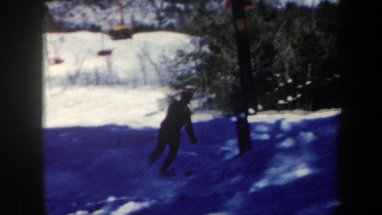 A dark-clad skier descends a Vermont snow slope, framed by evergreen trees and strong blue winter shadows.