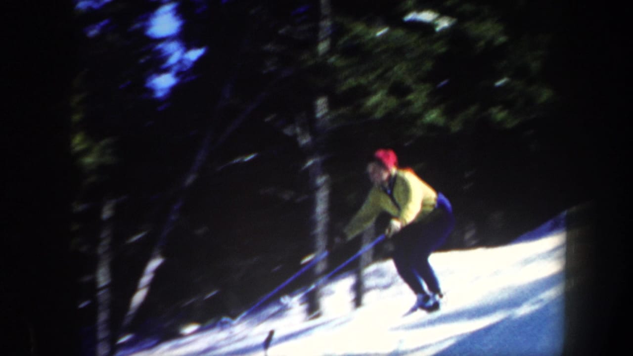 Skier in a yellow jacket descends a snowy slope between trees.