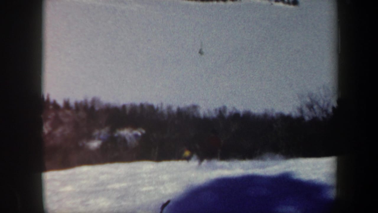 A small skier moves across a snowfield with trees and distant pale shapes behind.