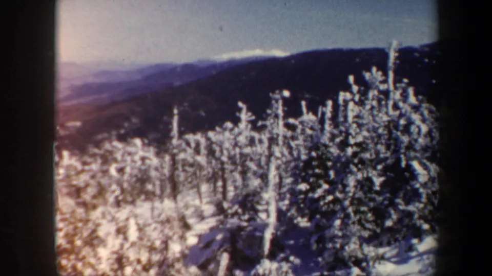 1962 Vermont 8mm frame showing snow-covered evergreens and distant mountain ridges under winter light.