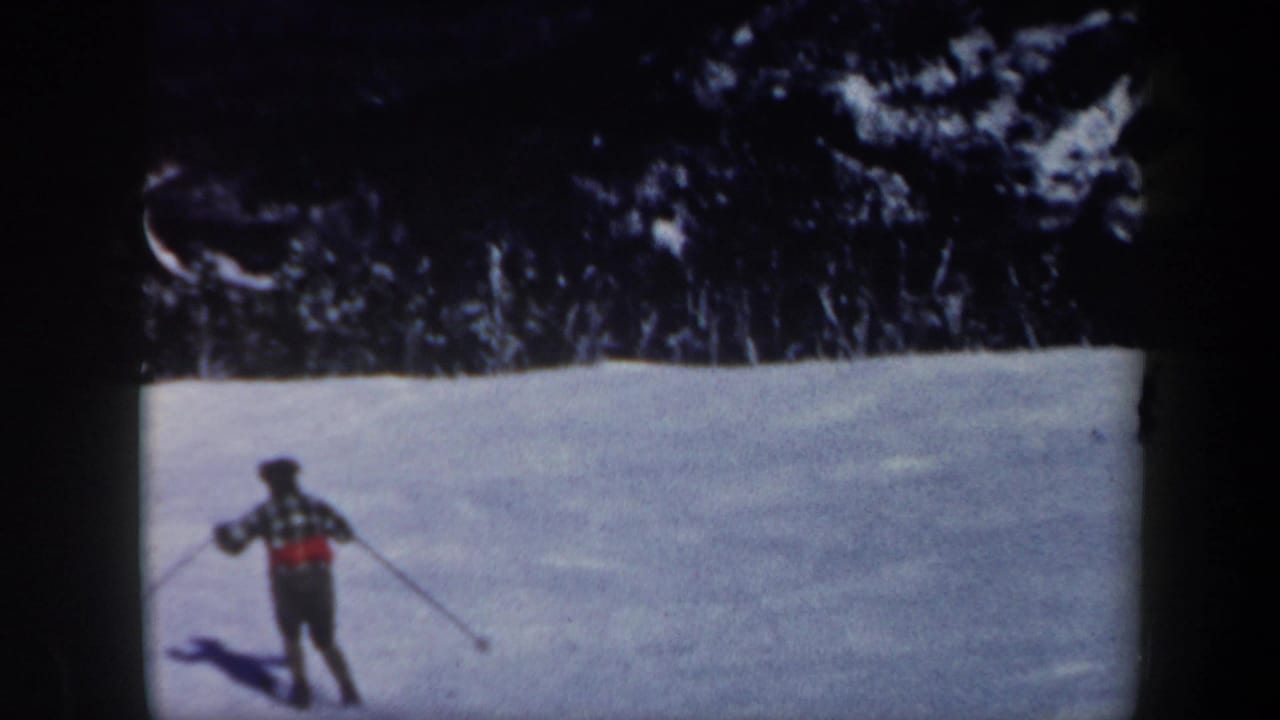 Skier with poles moving across a bright snowy slope near dark trees.