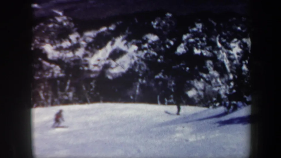 Two distant skiers descend a Vermont slope, including one in a red jacket, with snowy trees in the background.