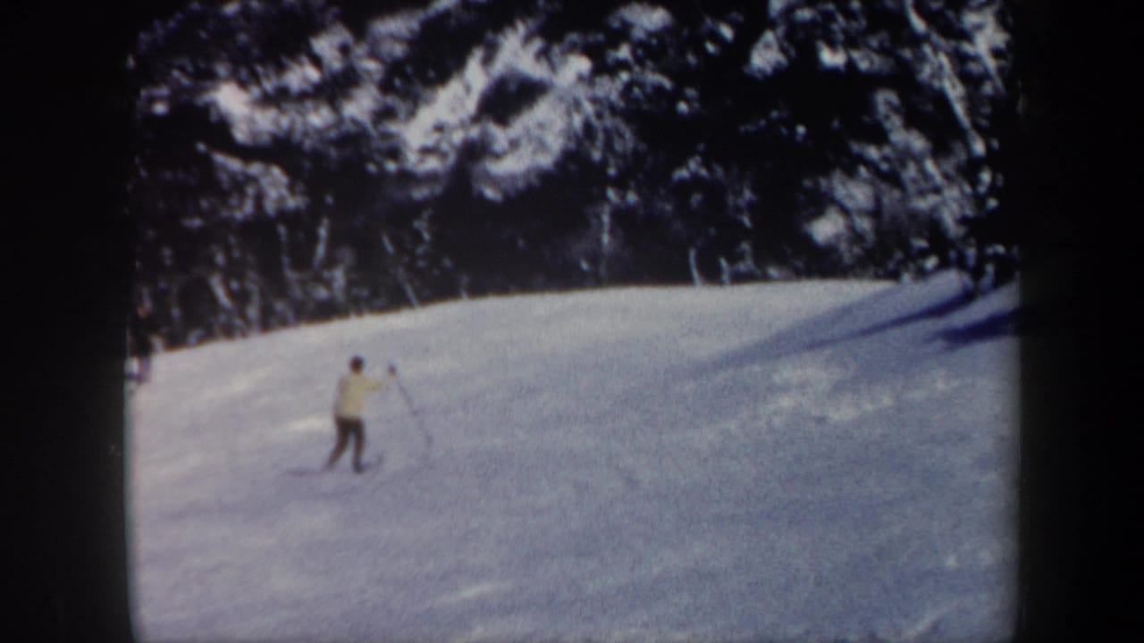 The skier appears farther across the Vermont snow slope, using poles while dark evergreen trees fill the upper background.