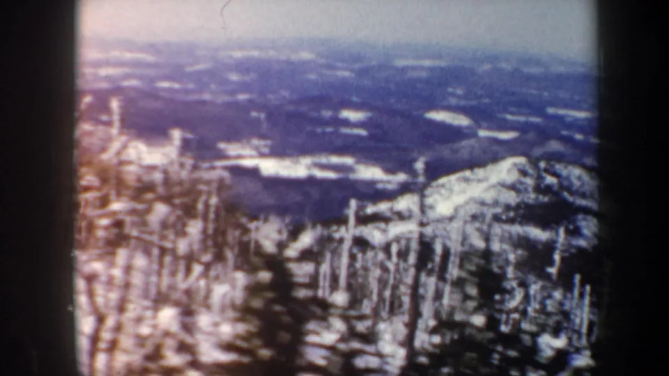 1962 Vermont 8mm frame looking past snowy trees toward a broad winter valley and low horizon.