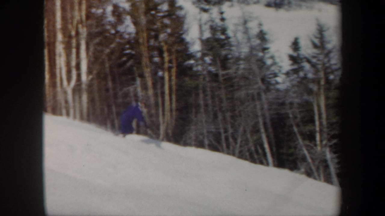 Distant skier in blue on a snowy slope beside winter trees.