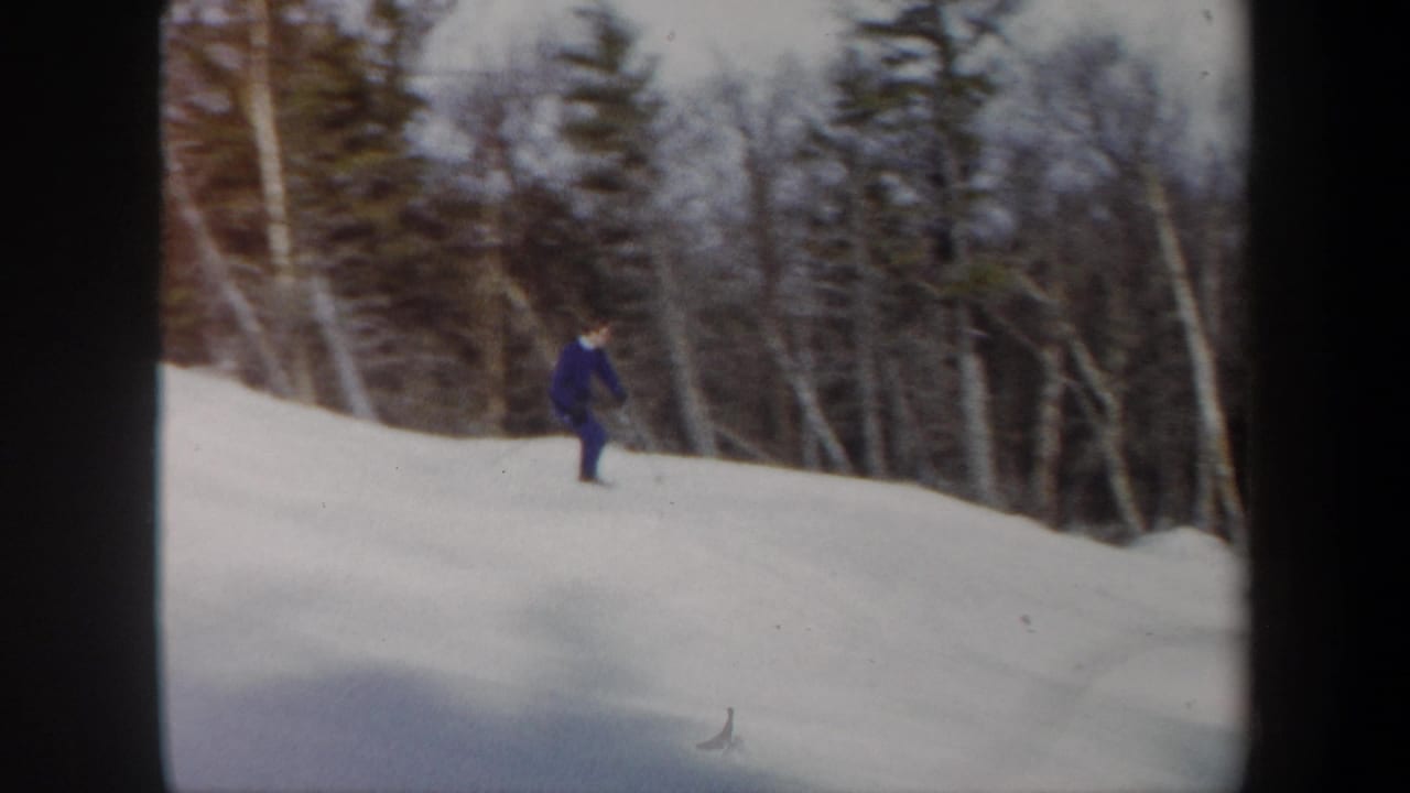 The skier continues across the snowy hill, framed by bare trees and evergreens in soft 8mm color.