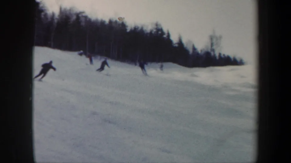Multiple skiers in dark winter clothing descend a snowy Vermont slope near the edge of a forest.