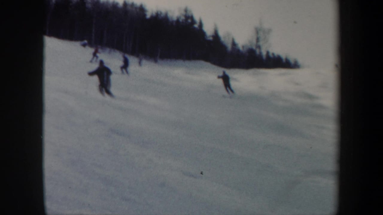 Several skiers descend a snowy slope with a dark treeline in the background.