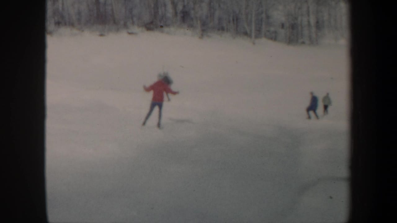 A skater in a red jacket stands or glides on a snowy frozen lake as two people appear at right.