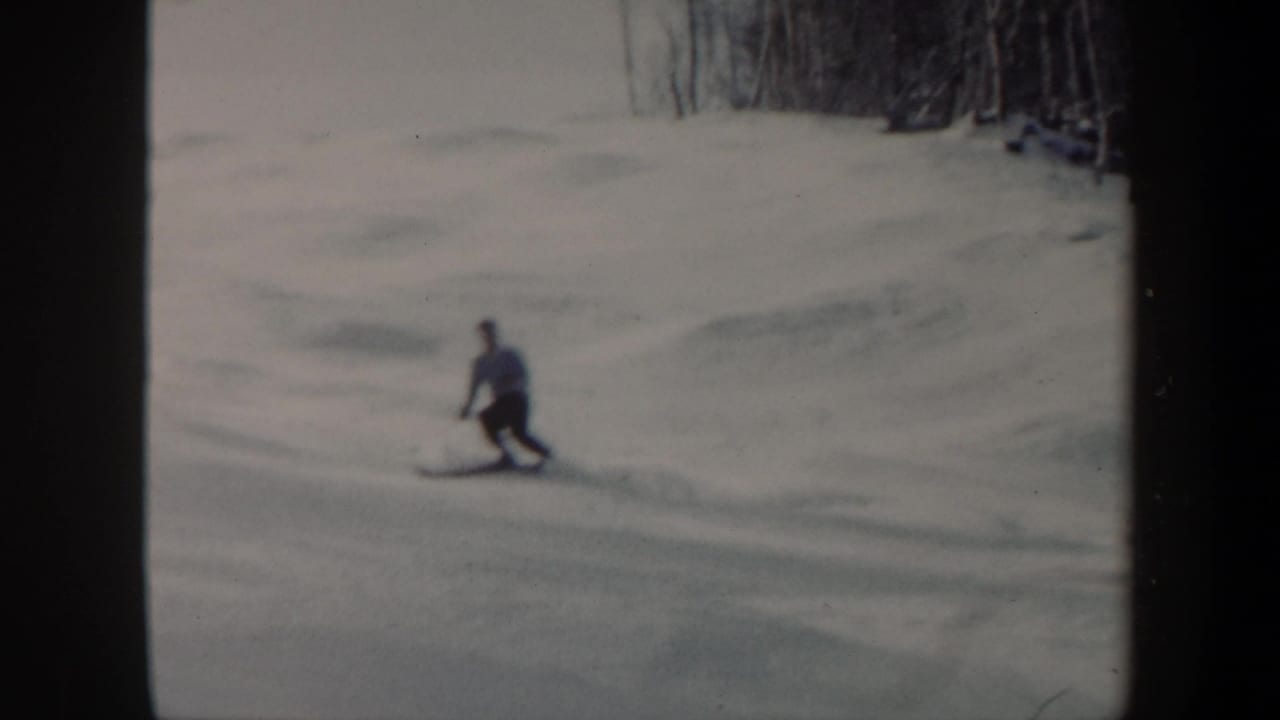 Distant skier turns across a snowy slope near a line of bare trees.