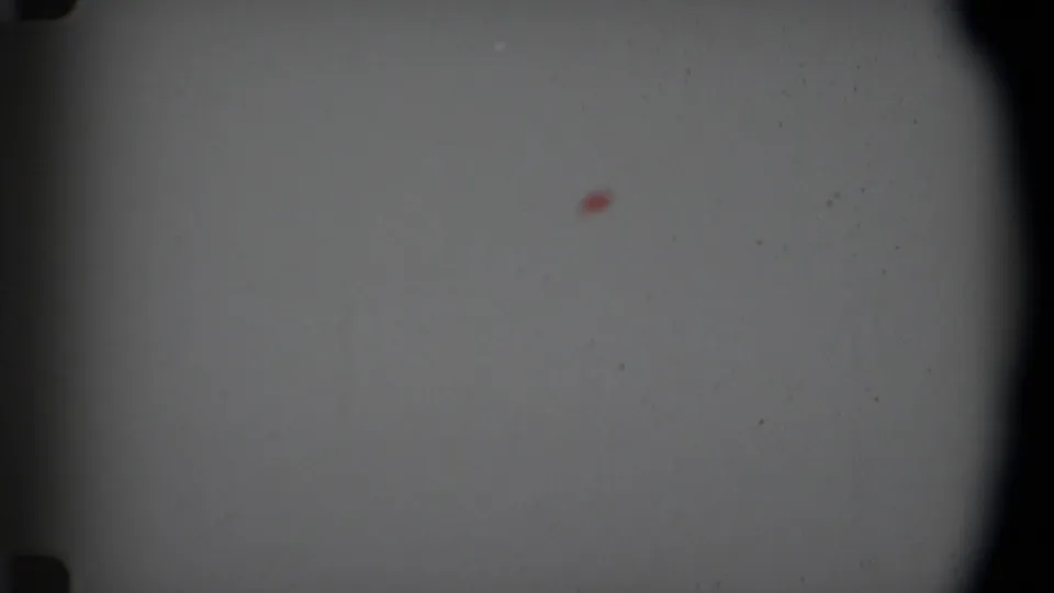 1969 Angola Super 8 roll-end frame showing a pale blank field, dark gate shadows, dust, scratches, and one small red mark.