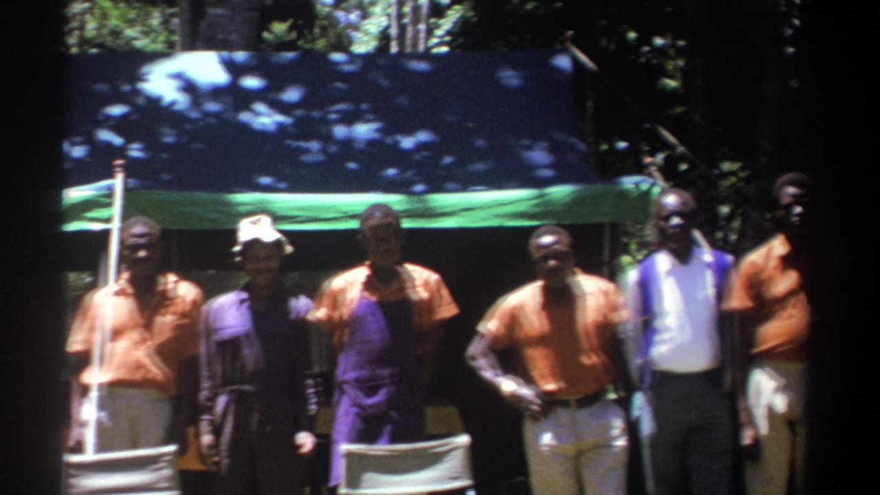 Several men face the camera beneath a tarp, with trees and shade behind them.