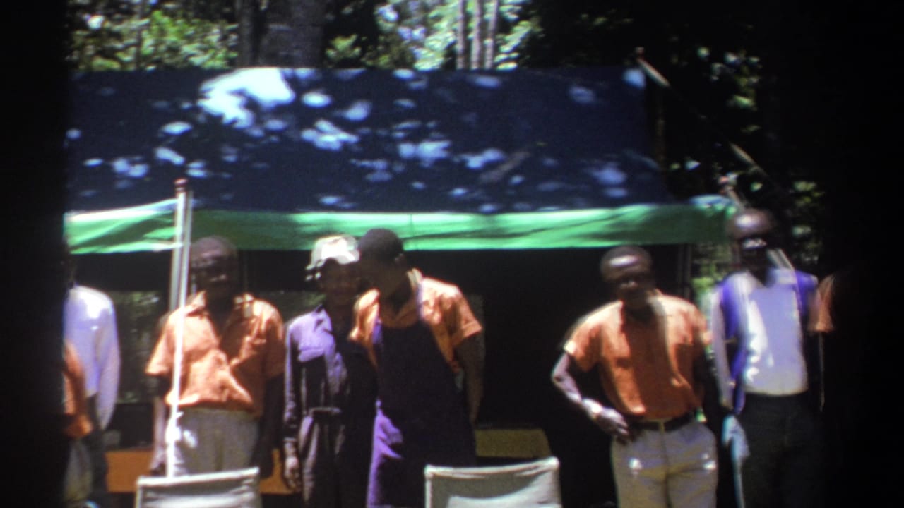 A wooded Kenya campsite scene shows adult men in coordinated clothing standing near folding chairs beneath a blue and green tarp.
