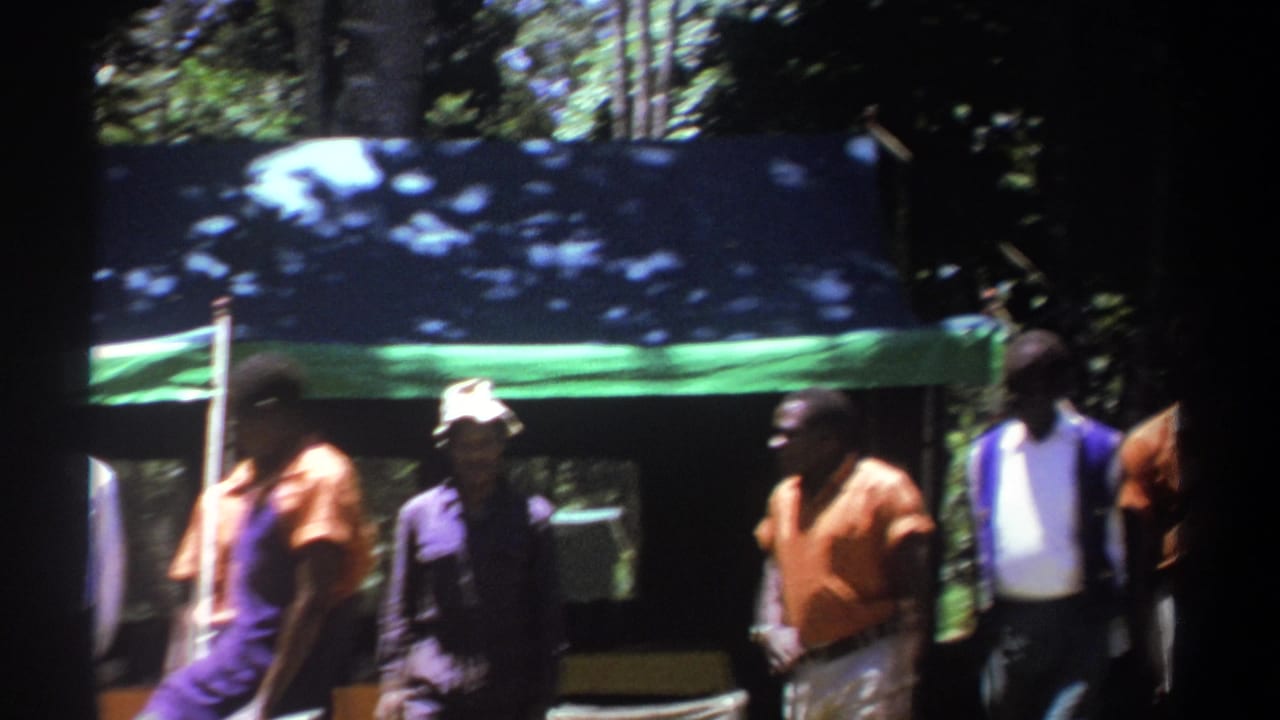 In the final frame, one man moves across the foreground while other adult men remain gathered under the tarp in wooded Kenya footage.