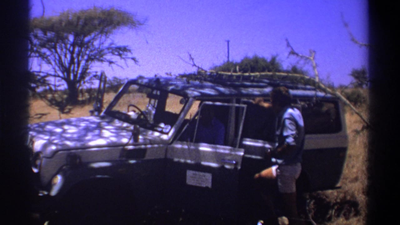 Man beside a white safari jeep with an open door and roof rack.