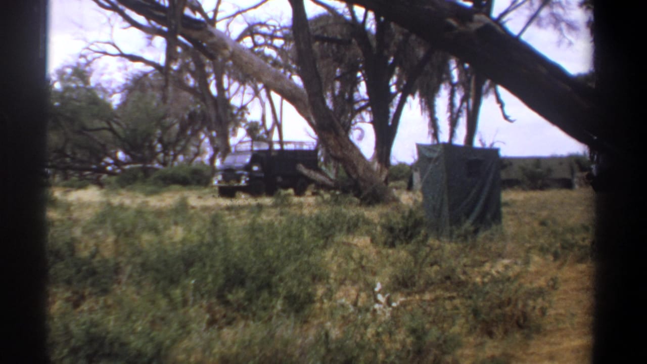 Parked off-road van and canvas shelter partly framed by dark tree trunks.
