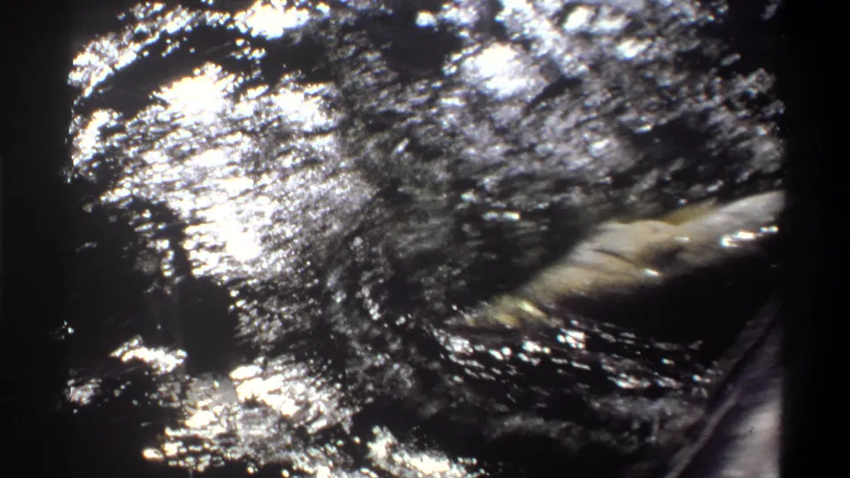 1969 Nigeria 8mm frame showing the hooked fish turning in bright ocean glare near the side of a boat.