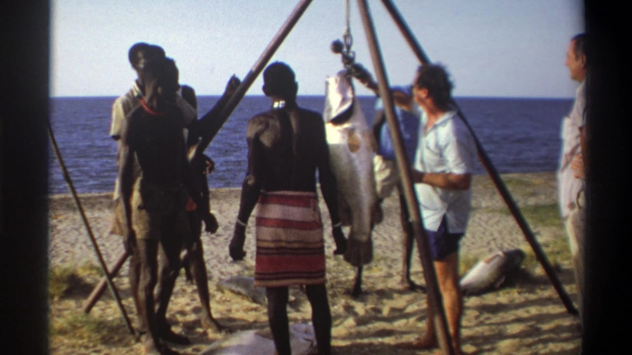 The 8mm frame shows a beach weighing transaction in Nigeria, with men moving around the suspended fish and bamboo frame.