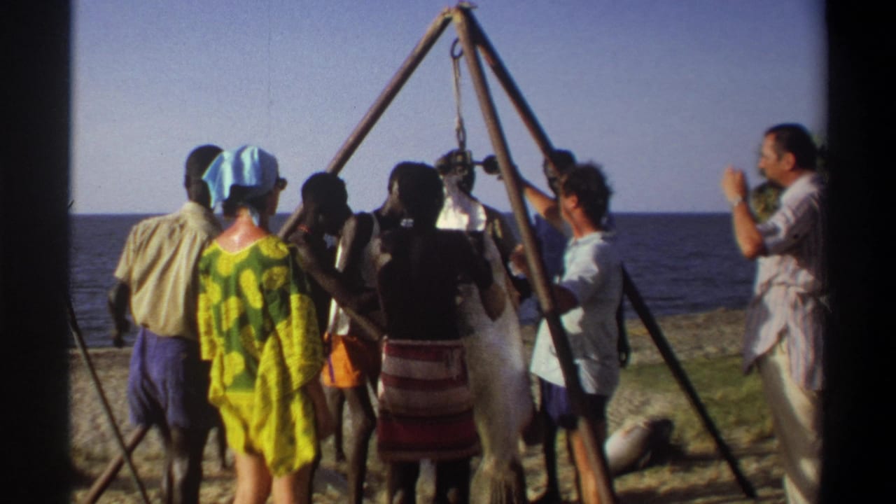 People stand near a tripod holding a large fish beside the ocean.