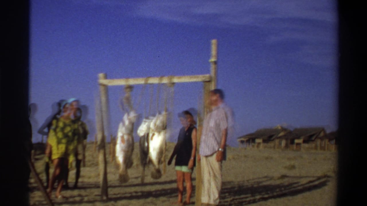 1969 Nigeria home-movie frame showing visitors and local onlookers beside large fish hanging from a wooden beachside frame.