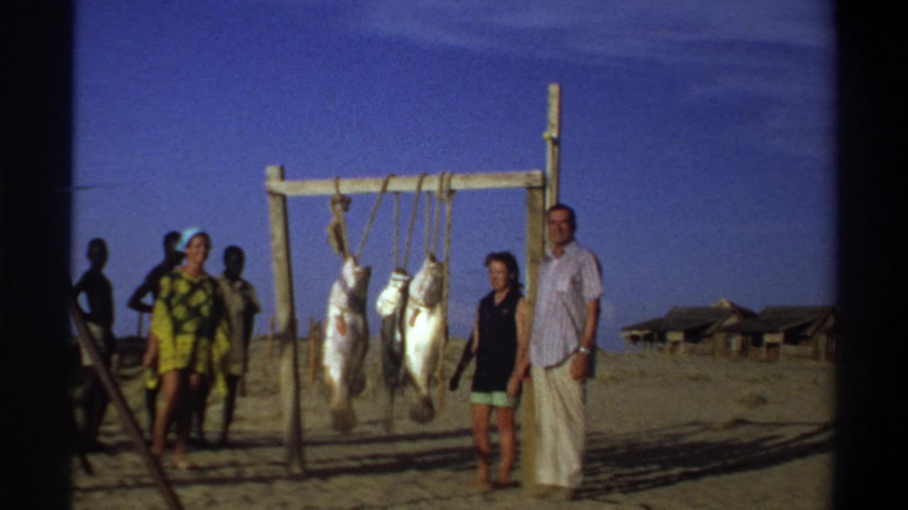 1969 Nigeria beach scene with people posing around large fish suspended from a wooden rack under a clear sky.