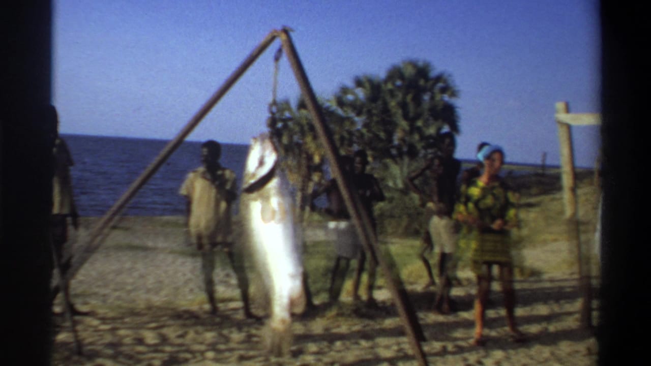 1969 Nigeria beach footage frame with a large fish suspended from a simple support frame near local onlookers and visitors.
