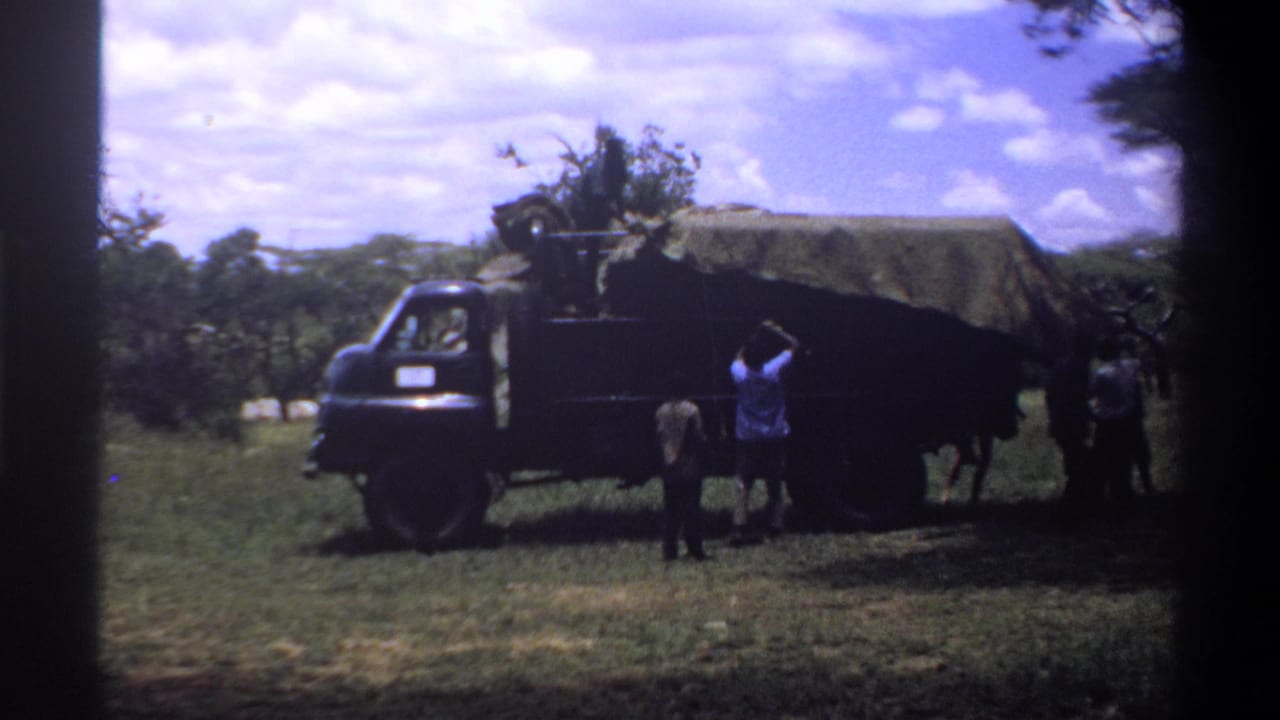 Men appear to adjust or inspect the tarp on a dark truck in 1969 Lagos, with trees and sky behind them.